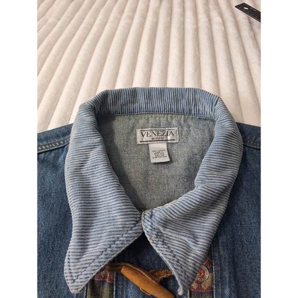 Vtg Denim Corduroy Collar Chore Barn Field Jacket Womens 26/28 Blue Aztec Tribal - Picture 12 of 14